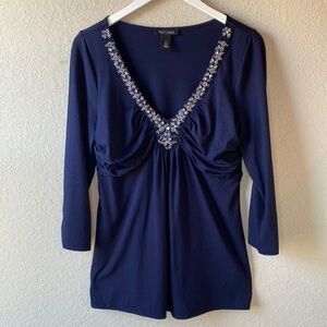 WHBM Blue Beaded V Neck Top Size Medium